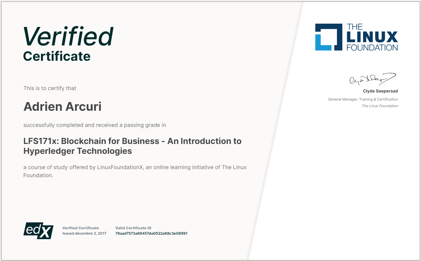 Certificate of Blockchain for business